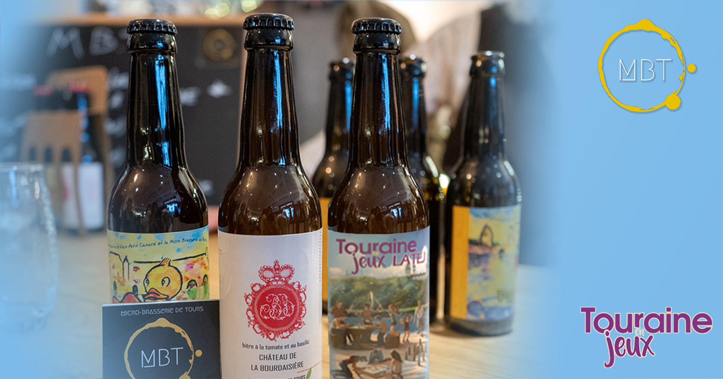 bouteilles de la Micro-brasserie de Touraine avec une bouteille et l'étiquette de la bierre LATEJ